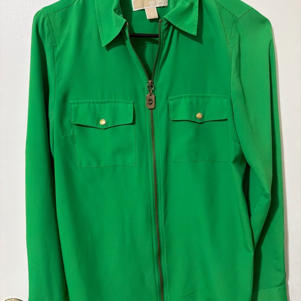 Michael Kors Green Zip Up Blouse S | Gold Hardware Utility Shirt Top